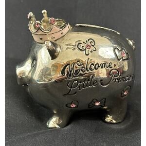 MUD PIE "Welcome Little Princess" Silver with Pink Jewels Vintage Piggy Bank